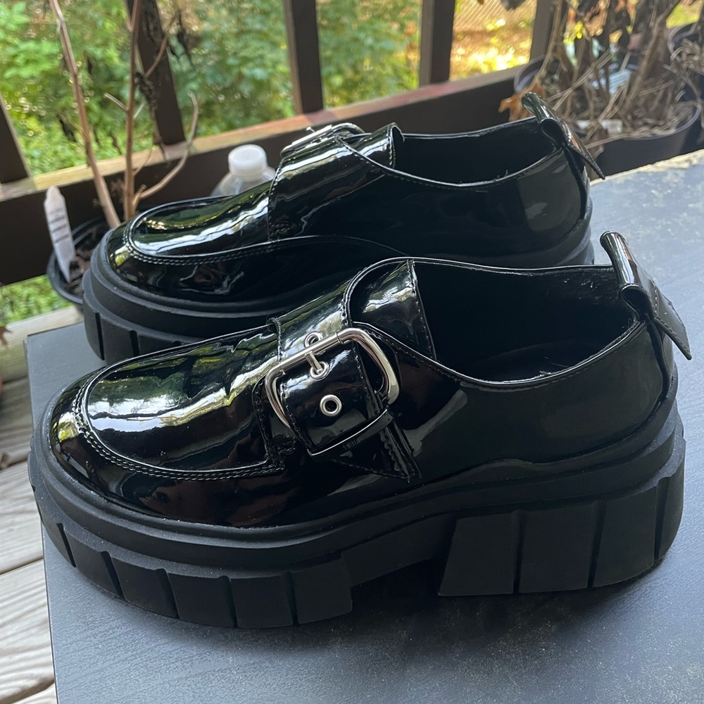 Bershka Faux Patent Platform Shoes with Buckle
